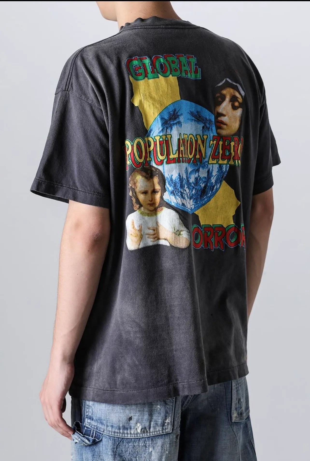 SAINT MICHAEL SS TEE/ON EARTH/BLK Jesus, Mary, Holy Infant Earth TEE Ready-to-wear Assut special piece dyeing, washed and distressed Vintage process, front and rear super complex super large printing, top purchasing agent technology